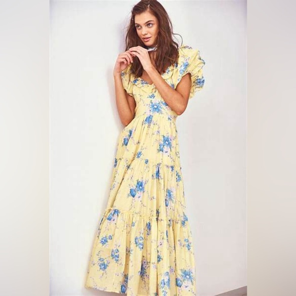 LoveShackFancy Floral Maxi Dress in Yellow and Blue